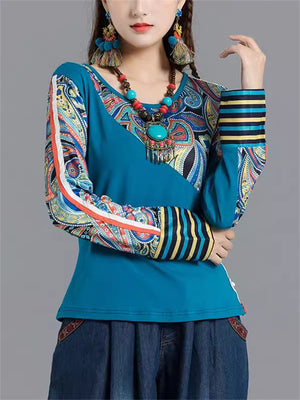 Female Ethnic Style Floral Patchwork Round Neck Long Sleeve Shirts