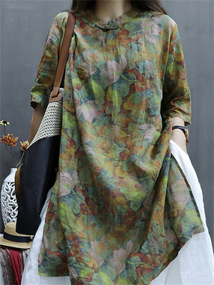 Female Mid-Length Floral Printed Chinese Button Knot Shirts