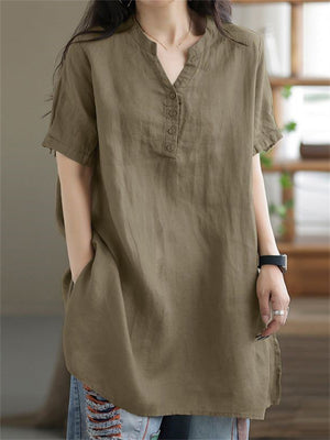 V Neck Short Sleeve Pullover Relaxed Linen Shirt for Female