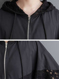 Women's Splicing Design Waist Drawstring Zipper Hooded Coat