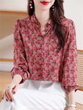 Retro Rose Red Floral Print Puff Sleeve Shirt for Ladies