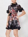 3D Flower Lace-Up Print Mini Dresses for Ladies