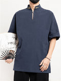 Men's Retro Cloud Embroideried Stand Collar Linen Shirt