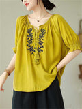 Casual Tassel Lace Up Dandelion Embroideried Shirt for Women