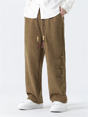 Men's Side Button Decoration Loose Winter Corduroy Pants