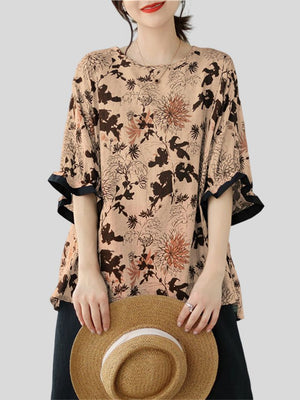 Leisure Half Sleeve Loose Chrysanthemum Shirt for Women