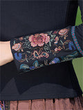 Vintage Peony Embroidery Black Slim Fit Shirt for Women