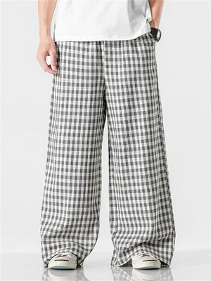 Asian High Street Style Plaid Cotton Linen Wide Leg Pants for Men