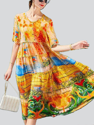 Ladies Cozy Field Beach Floral Print Splicing Silk Dress