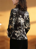 Flower Printed Lace Hem Velvet Shirt for Women