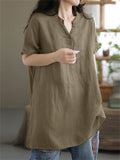 V Neck Short Sleeve Pullover Relaxed Linen Shirt for Female