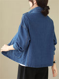 Women's Trendy Lapel Long Sleeve Patch Pocket Denim Jacket