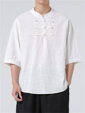 Men's Chinese Style Stand Collar Short Sleeve Linen Plaid Shirt