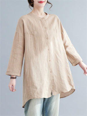 Khaki Comfortable Stand Collar Button Shirt for Women