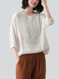 Retro Pleated Crew Neck Linen Short Sleeve Shirt for Female