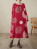 Lady Ethnic Style Polka Dot Fleece-lined Winter Cotton Linen Dress