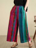 Multicolor Stripe Ethnic Style Linen Wide Leg Pants for Women