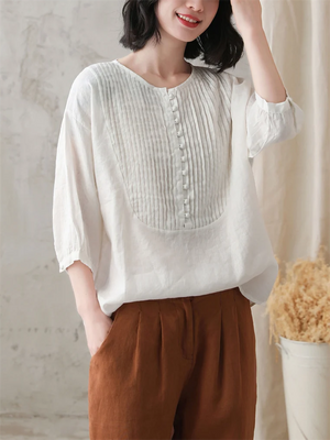 Retro Pleated Crew Neck Linen Short Sleeve Shirt for Female