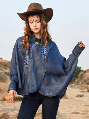 Women's Retro Loose Embroidered Denim Shirts