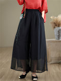 Lotus Embroideried Flowy Linen Fairy Pants for Women