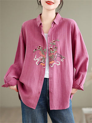 Women's Vibrant Flowers Embroidered Turn-down Collar Shirt