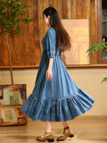 Ladies Elegant Scoop Neck High-Rise Ruffled Hem Denim Dress