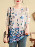 Female Blue Floral Print Crew Neck Short Sleeve Knit Shirt