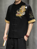 Chinese Style Hanfu Men's Golden Dragon Embroidery Knot Button Shirt