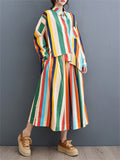 Rainbow Stripes Irregular Hem Lapel Shirt + Swing Skirt for Women