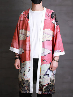 Men's Ancient Style Cloud Crane Print Summer Cardigan Shirt
