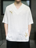 Men's Casual Cozy Smooth Leaf Embroidery Short Sleeve Shirt