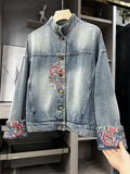 Women's Mythical Phoenix Embroidery Stand Collar Blue Denim Jacket