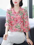 Elegant Ruffled Collar 3/4 Sleeve Floral Pattern Shirt for Women