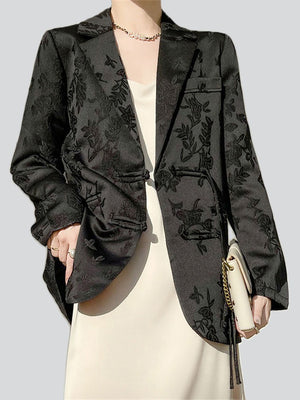 Vogue Satin Jacquard Notched Collar Tassel Jacket for Women