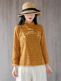 Women's Mini Floral Print Vintage Stand Collar Linen Shirt