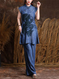 Denim Blue Phoenix & Pine Embroidered Shirt for Women