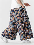 Men's Retro Loong Print Lace Up Loose Straight-Leg Hakama Pants