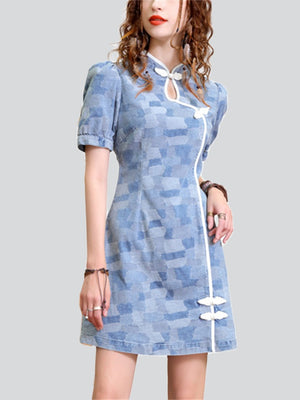 Summer Cozy Slim Fit Knee Length Blue Denim Dress for Women