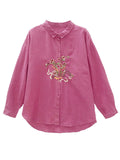 Women's Vibrant Flowers Embroidered Turn-down Collar Shirt