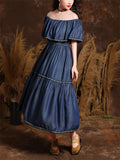 Romantic Off Shoulder Ruffles Patchwork Denim Dress for Women