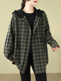 Women's Oversized Sport Button Up Plaid Hooded Jacket