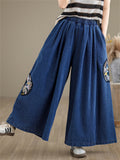 Ladies Floral Embroidered Semi-Circular Patch Elastic Waist Jeans