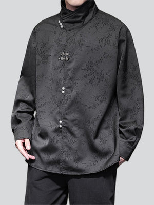 Men's Satin Jacquard Stand Collar Shirt with Metal Buttons