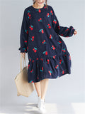 Cute Red Cherry Ruffle Hem Long Dress for Women