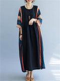 Ethnic Style Multicolor Stripes Round Neck Loose Dress for Women