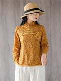 Women's Mini Floral Print Vintage Stand Collar Linen Shirt