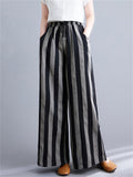 Retro Black Grey Stripes Cozy Linen Wide Leg Pants for Women