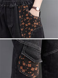 Orange Mini Floral Print Elastic Waist Black Jeans for Women