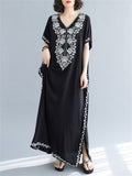 Women's Comfortable Floral Embroideried V Neck Kaftan Dress