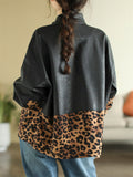 Retro Leopard Print & Black Patchwork PU Leather Jacket for Women